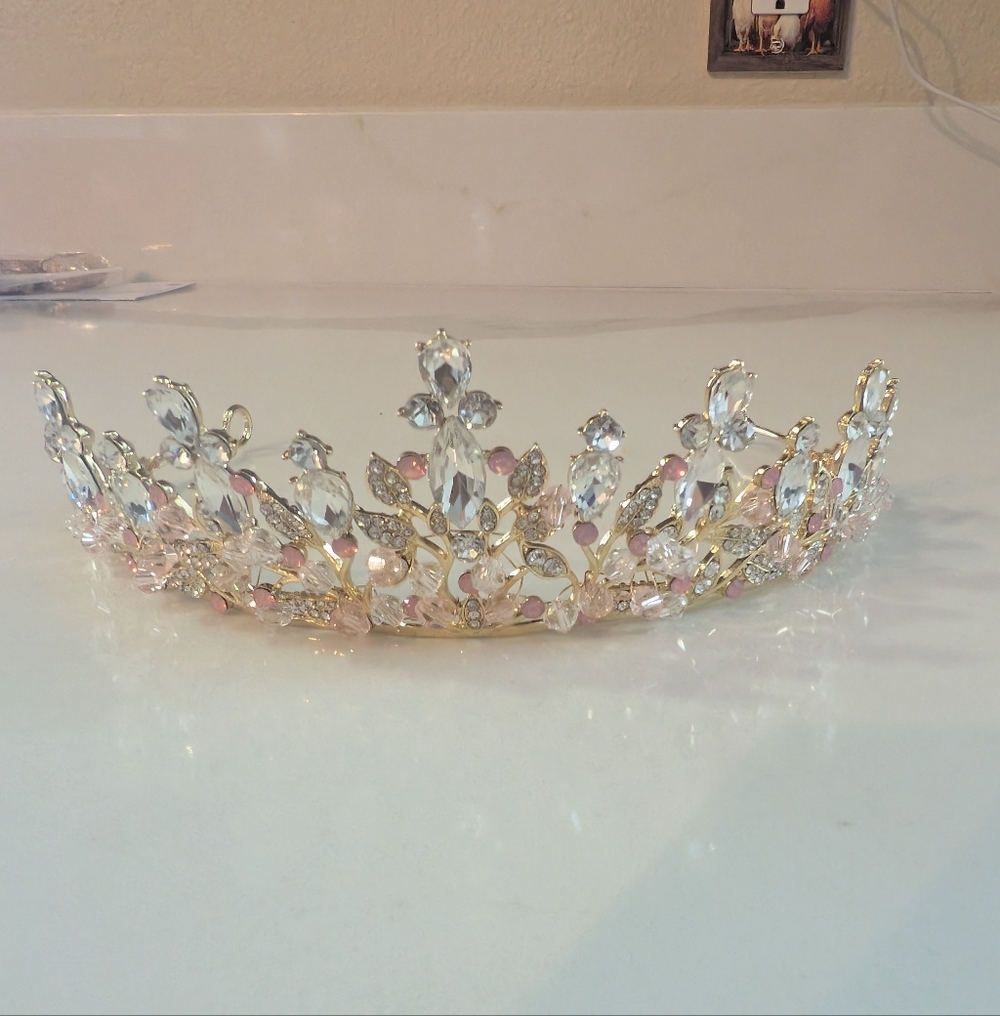 Elegant Gold and Pink Crystal Tiara - Picture 2 of 5
